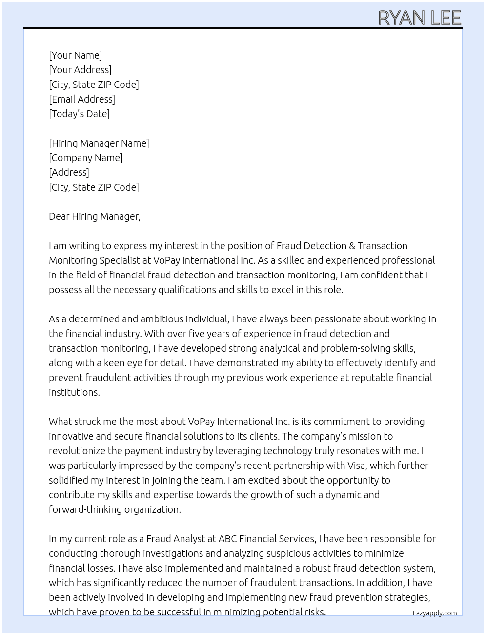 Fraud Detection & Transaction Monitoring Specialist At VoPay International Inc. Cover Letter
