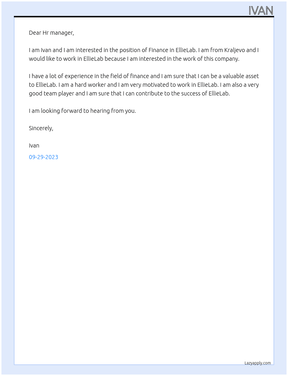 Finance At EllieLab Cover Letter