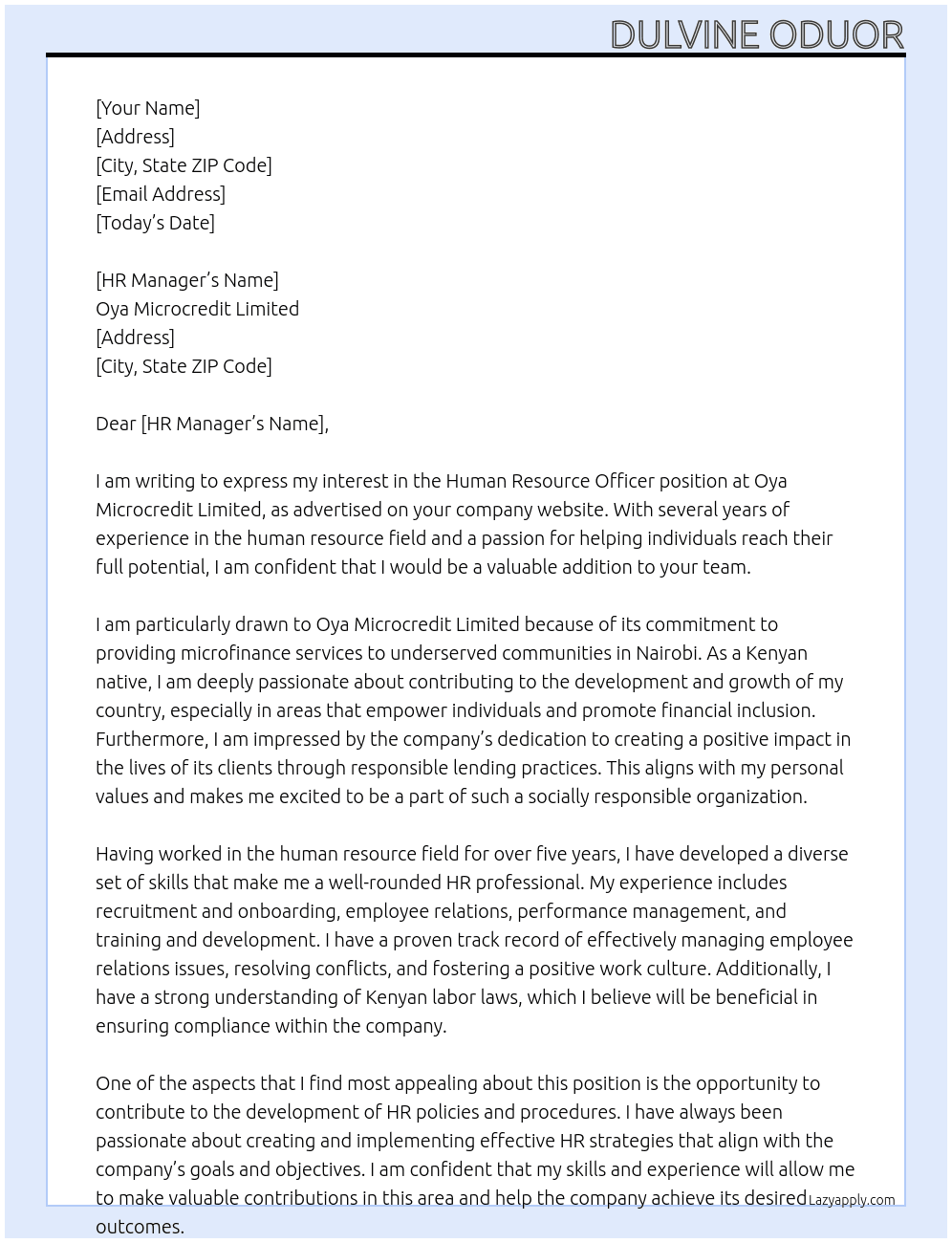 Human Resource Officer  At Oya Microcredit Limited Cover Letter