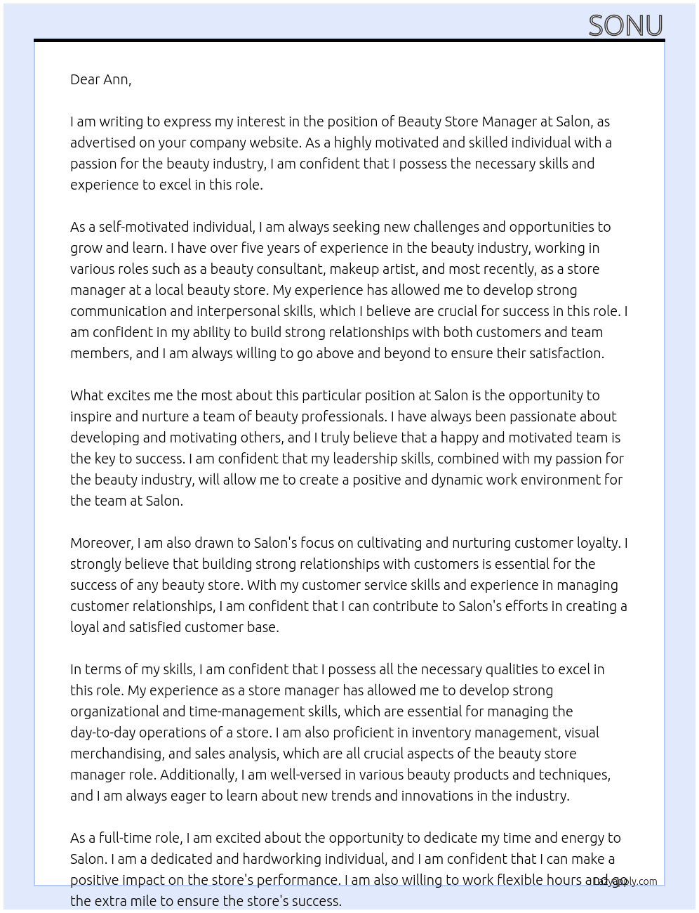 Beauty store manager At Salon Cover Letter
