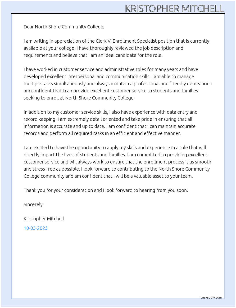 Clerk V, Enrollment Specialist At North Shore Community College Cover Letter