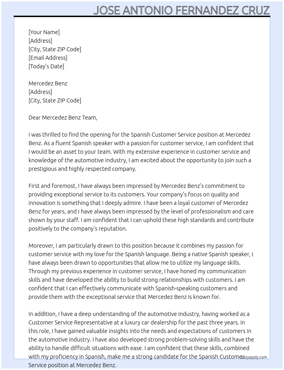 Spanish Customer Service  At mercedez benz Cover Letter