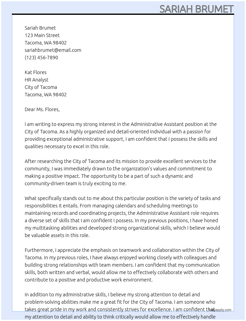 Administrative Assistant At City of Tacoma Cover Letter