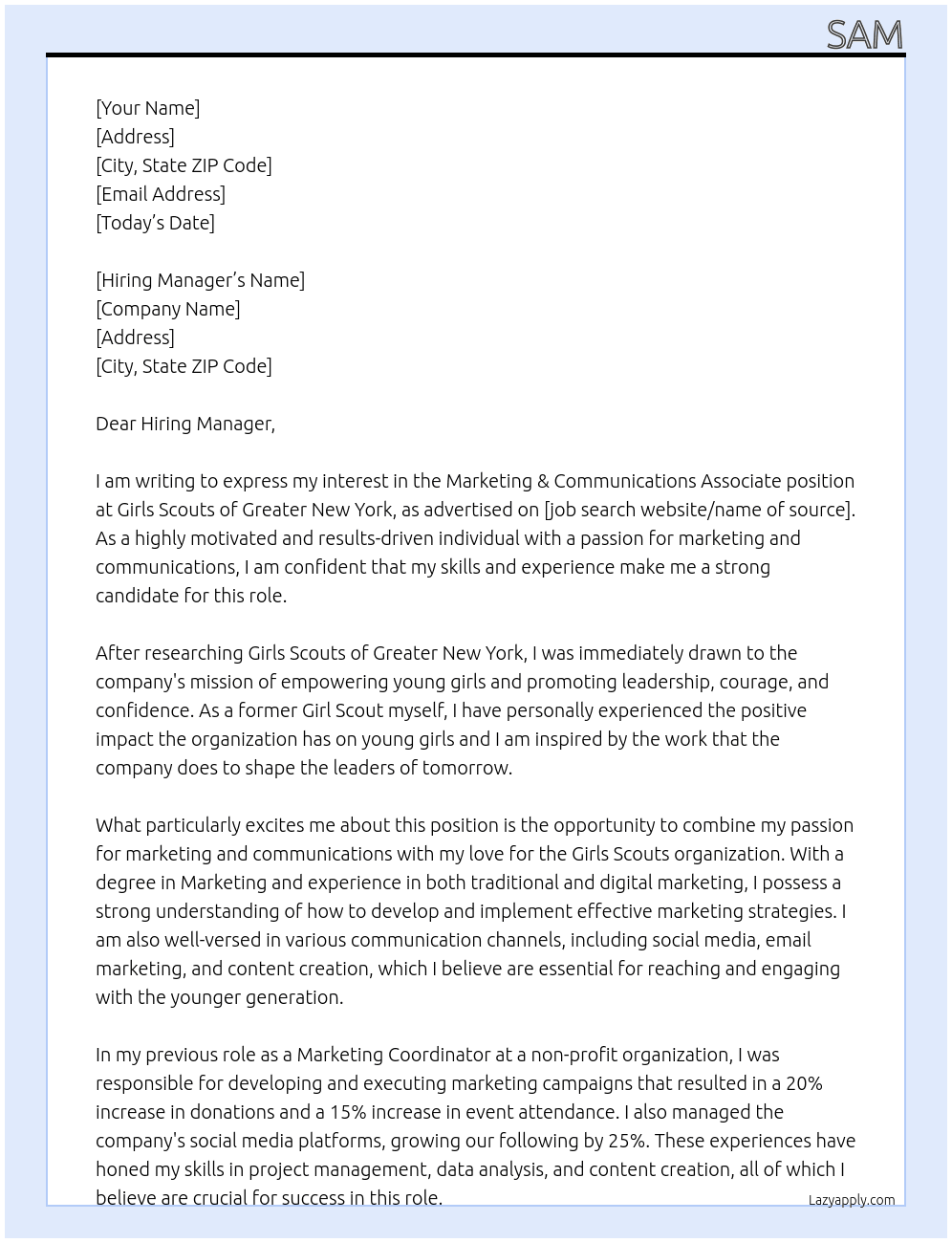 Marketing & Communications Associate At Girls Scouts of Greater New York Cover Letter