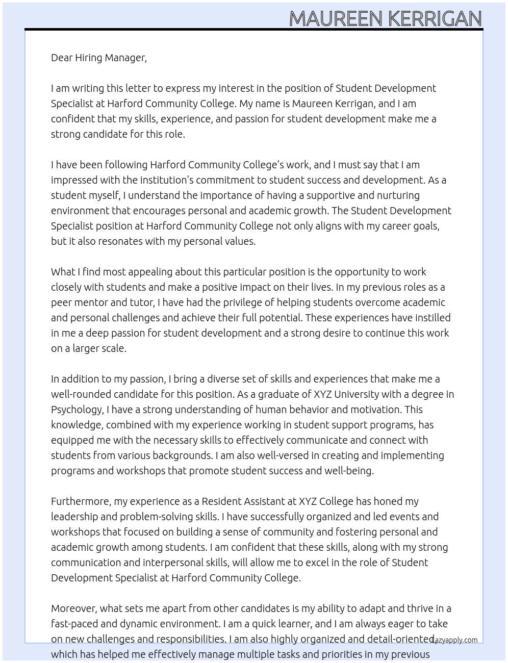 Student Development Specialist At Harford Community College Cover Letter