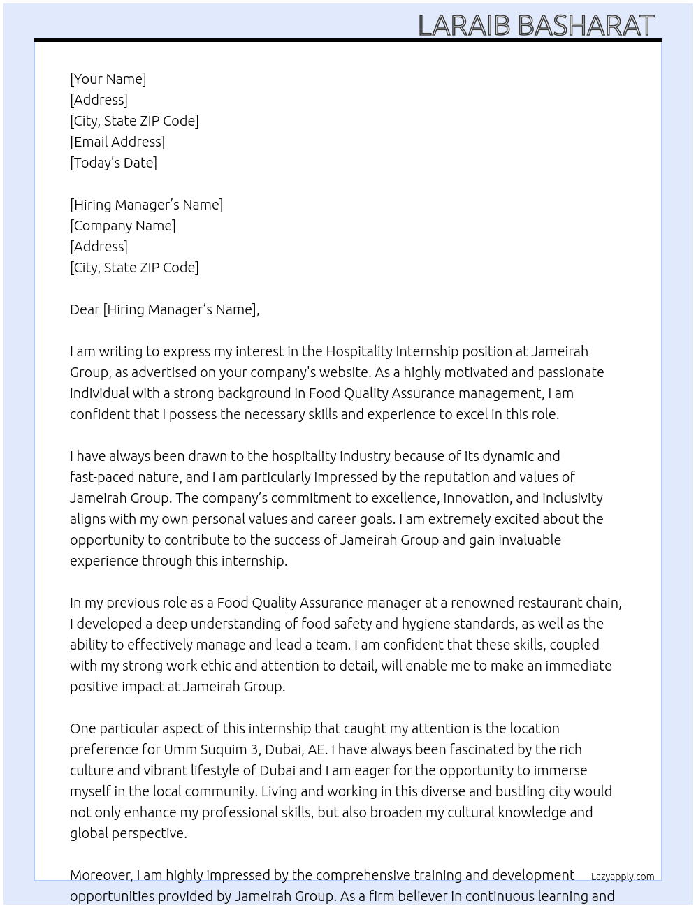 Hospitality Internship  At Jameirah Group  Cover Letter