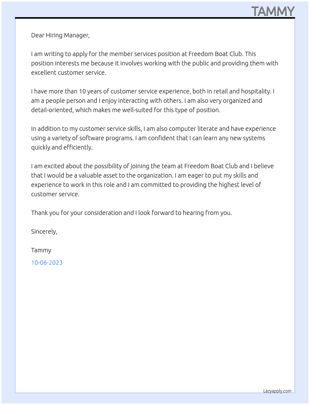 member services At Freedom Boat Club Cover Letter