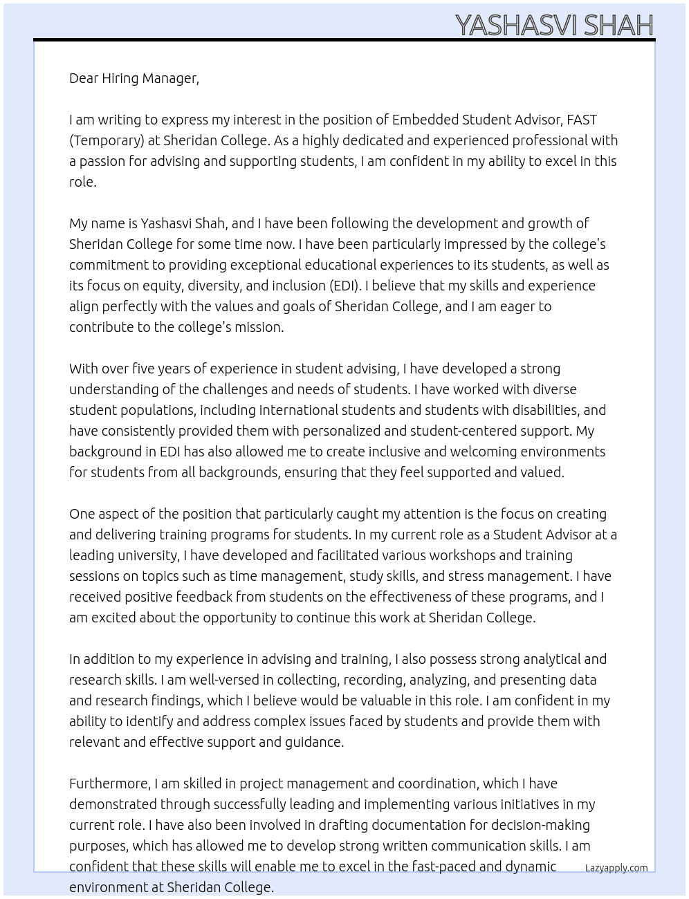 Embedded Student Advisor, FAST (Temporary) At Sheridan College Cover Letter