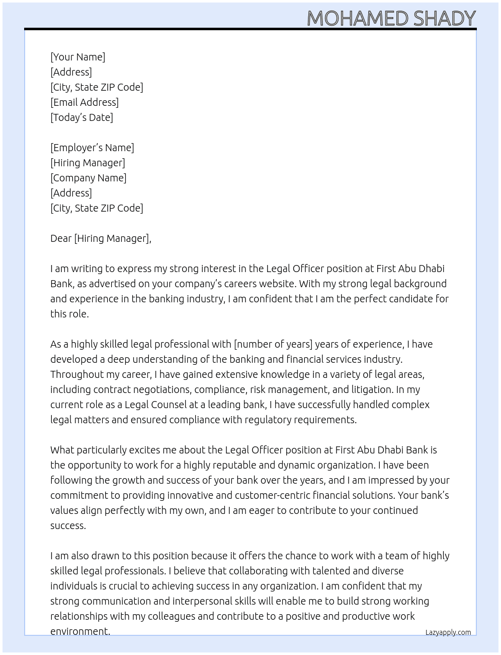 legal officer At first abu dhabi bank Cover Letter