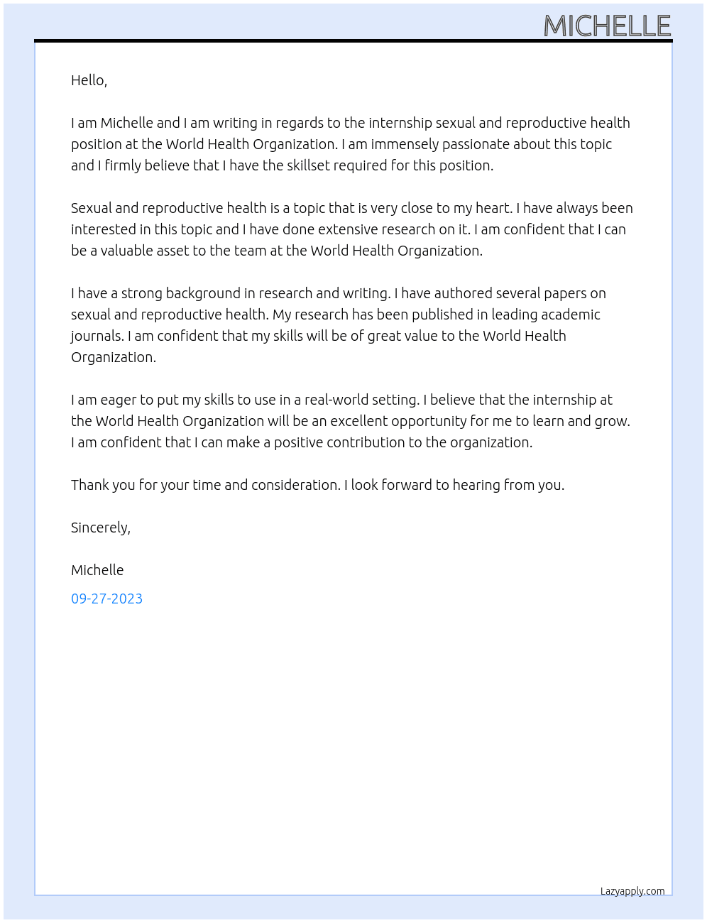 internship sexual and reproductive health  At Worls helath organization  Cover Letter