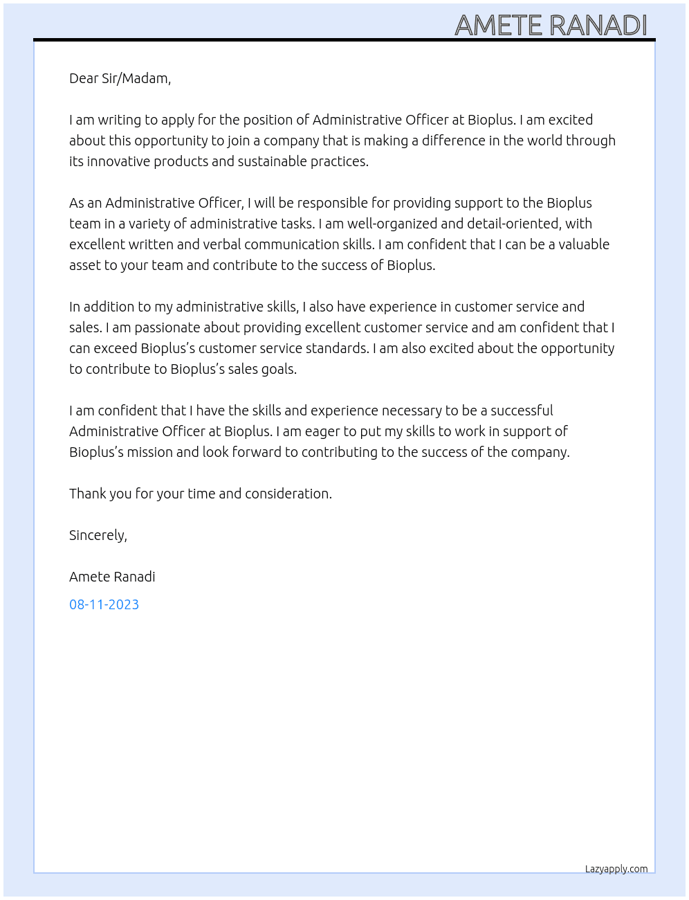 Administrative Officer  At Bioplus Cover Letter