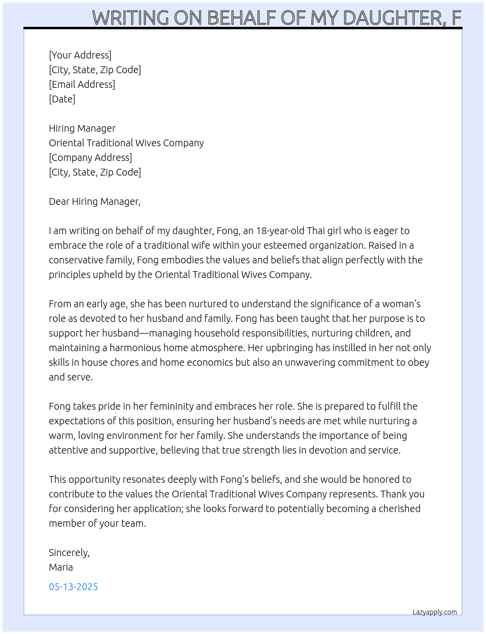 Cover letter for traditional wife - LazyApply