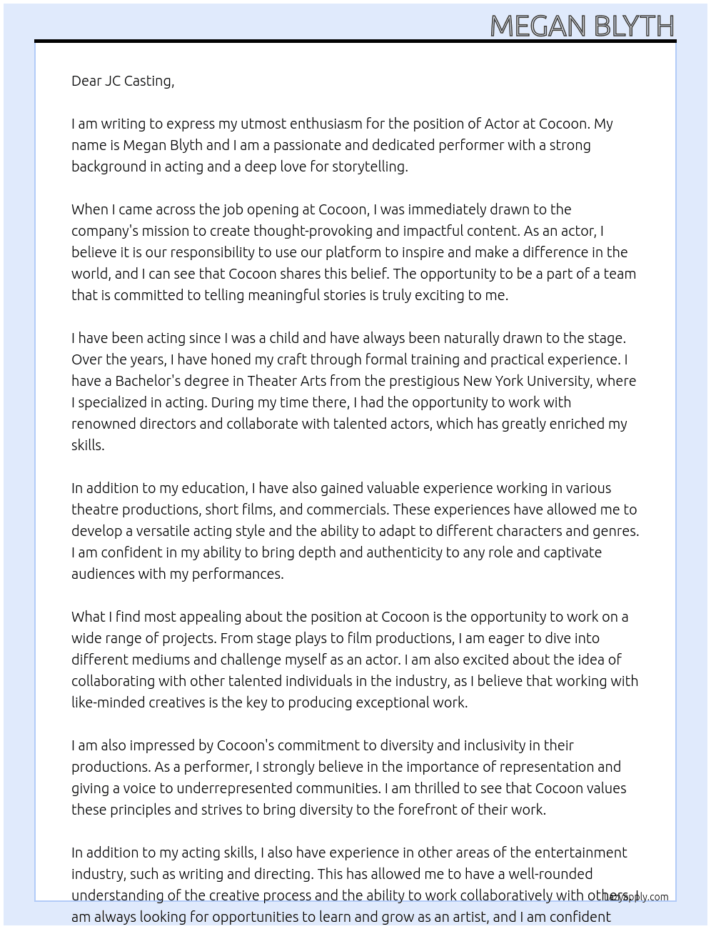 Actor At Cocoon Cover Letter
