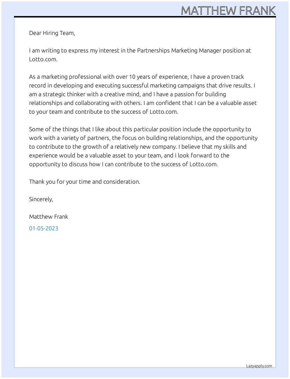 Partnerships Marketing Manager At Lotto.com Cover Letter
