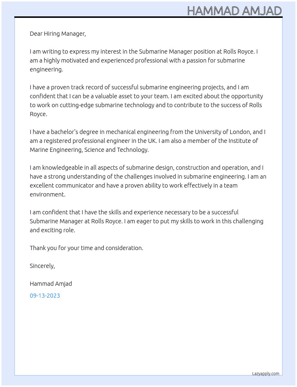 Submarine Manager At Rolls Royce Cover Letter