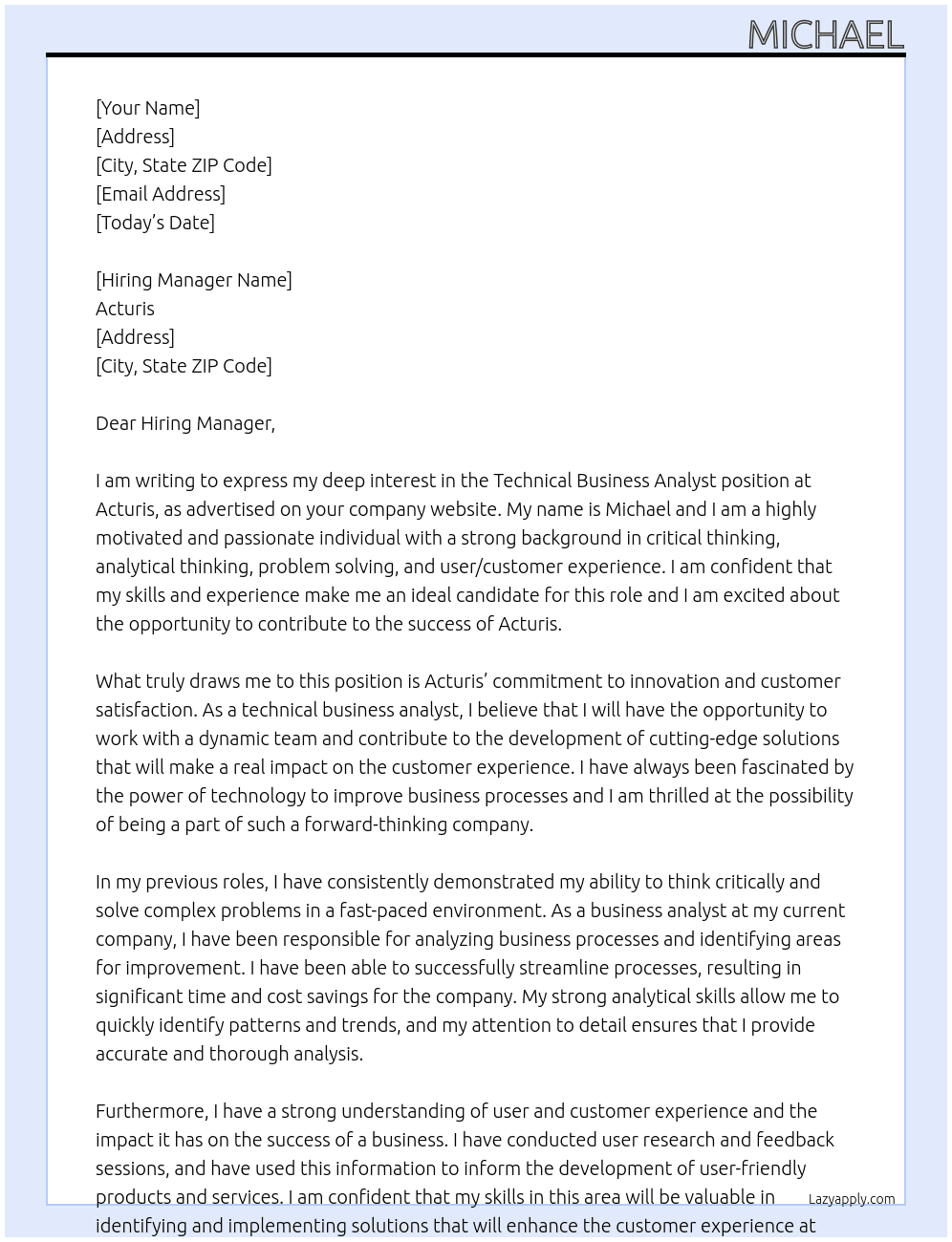 Technical Business Analyst At Acturis Cover Letter