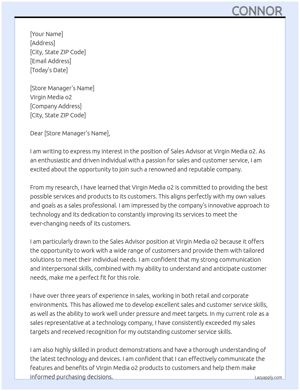 Sales advisor At Virgin Media o2 Cover Letter