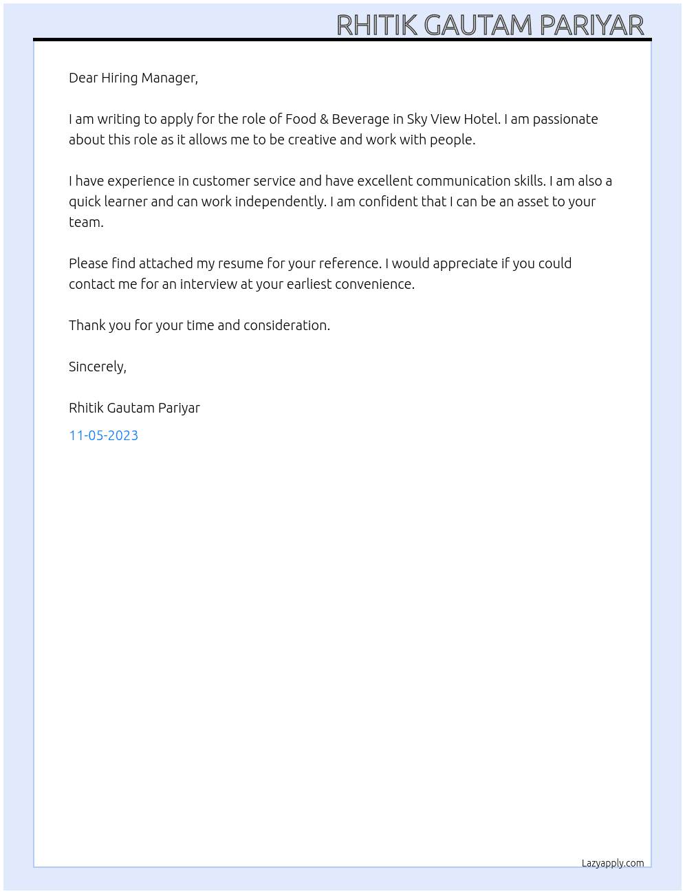 Role in Food & Beverage, Address Downtown At Sky view hotel  Cover Letter