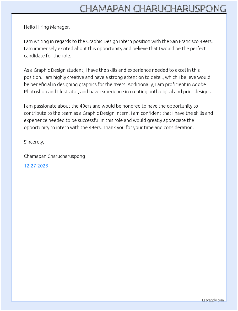 Graphic Design, Intern At San Francisco 49ers Cover Letter