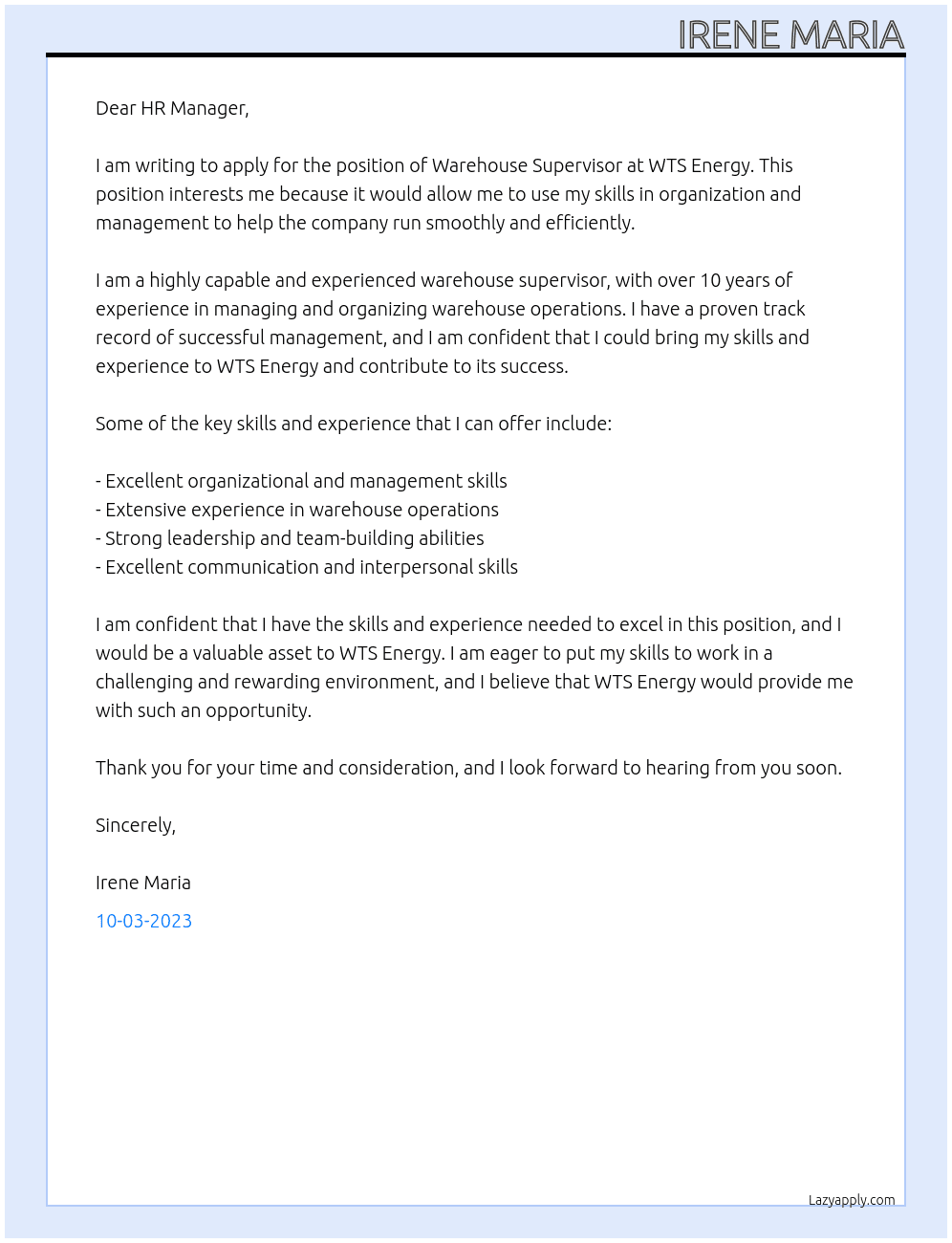 WAREHOUSE SUPERVISOR At WTS ENERGY Cover Letter