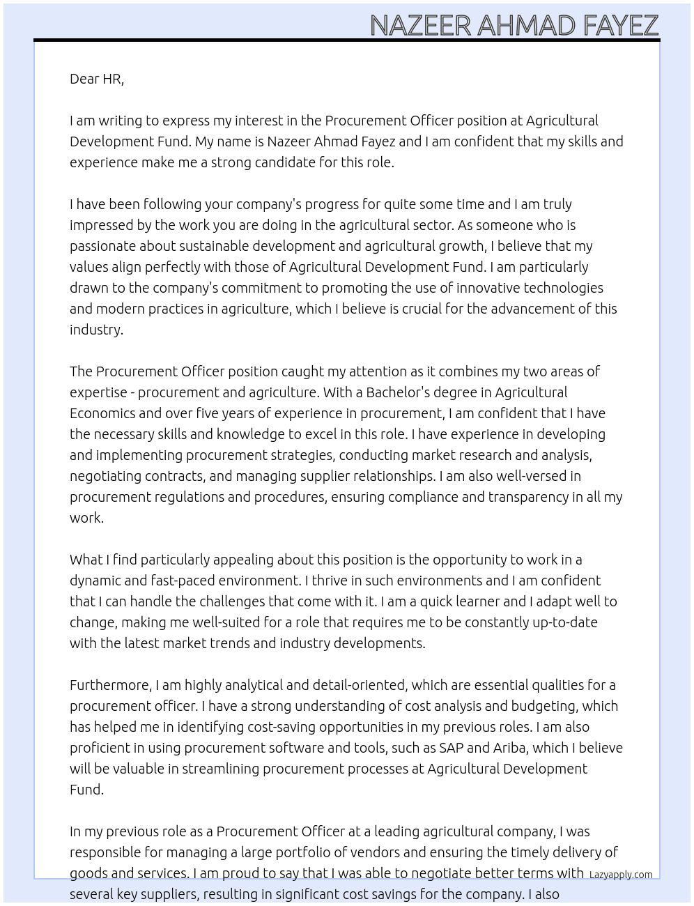 Procurement officer At Agricultural Development Fund Cover Letter