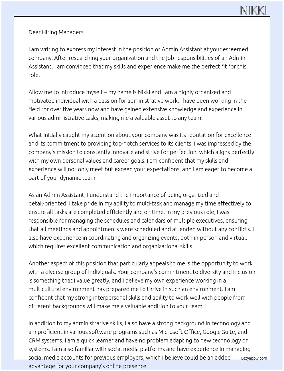 Admin assistant  At Hiring managers  Cover Letter