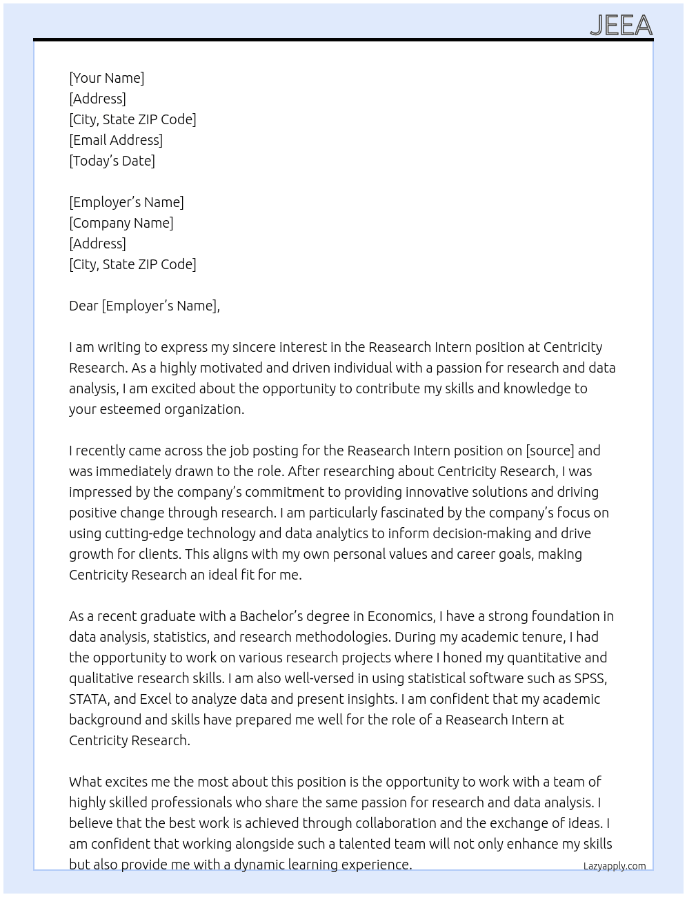 Reasearch intern  At Centricity Reasearch Cover Letter