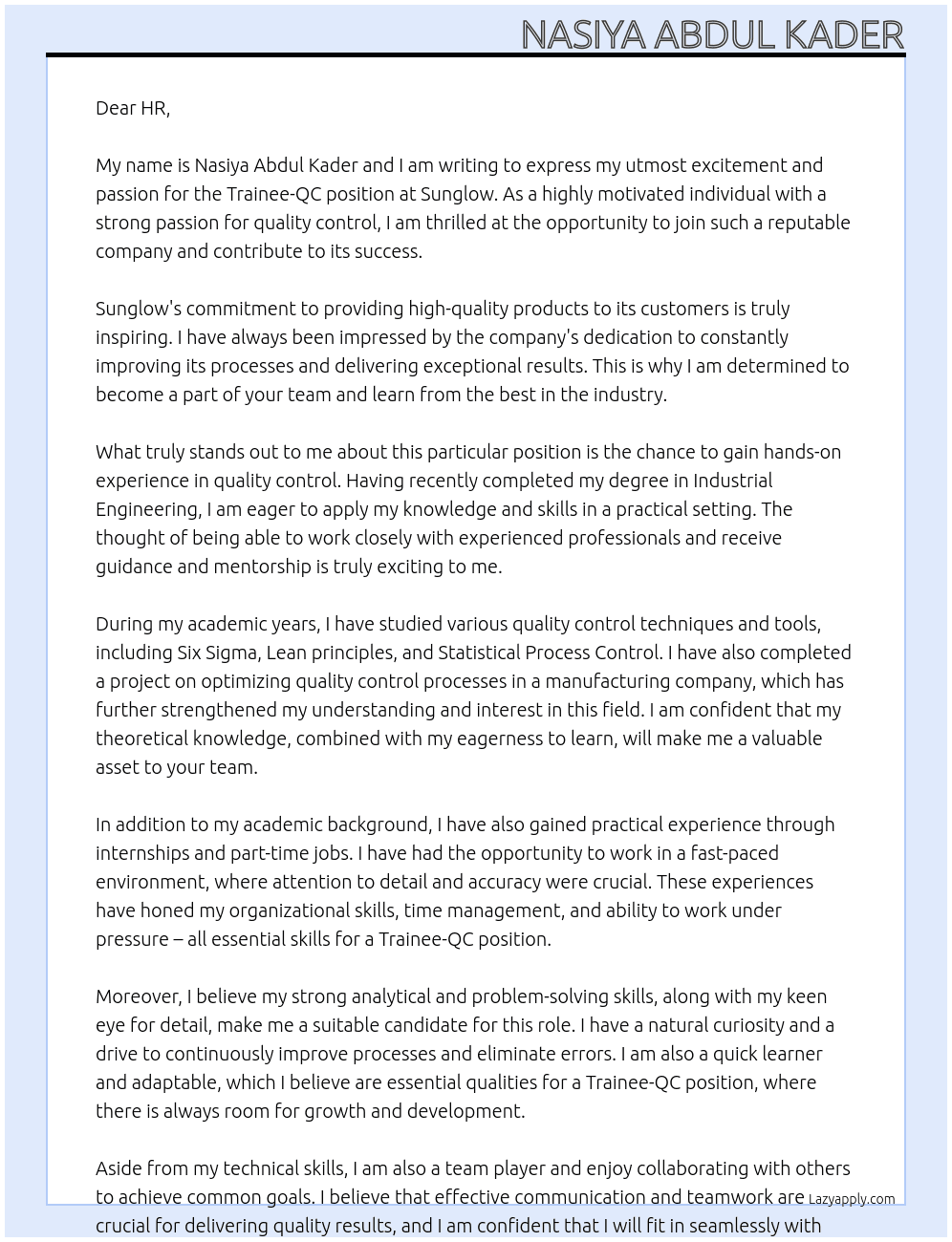 Trainee-Qc At Sunglow Cover Letter