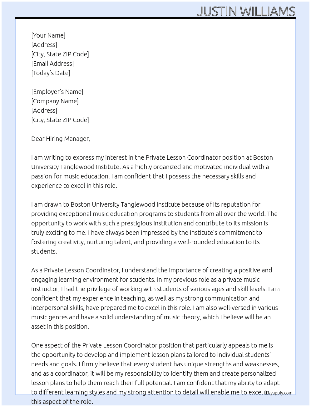 Private lesson cooridinator At Boston University Tanglewood Insititute Cover Letter