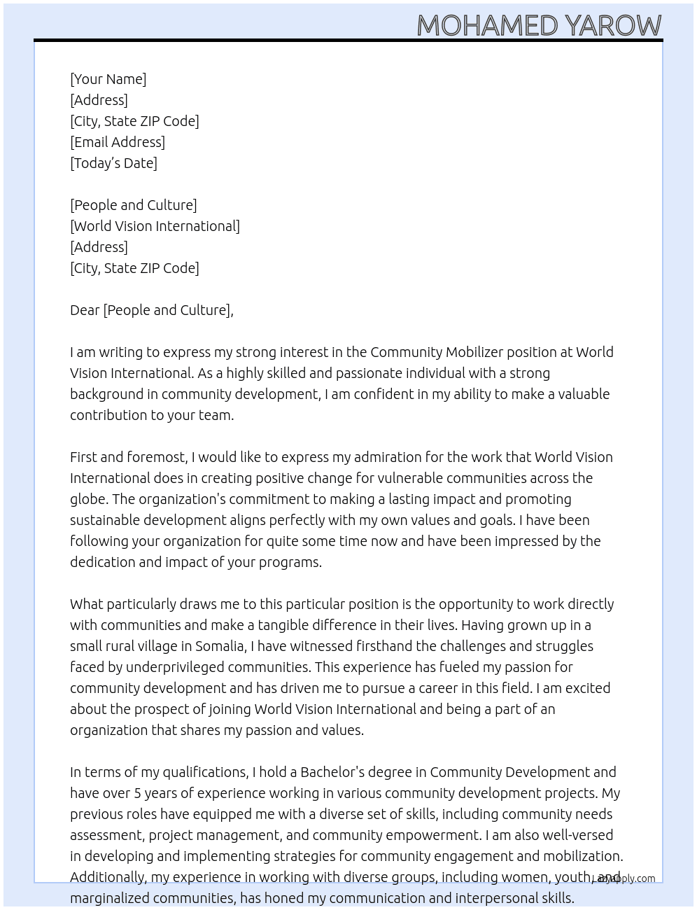 community mobilizer At World Vision international Cover Letter