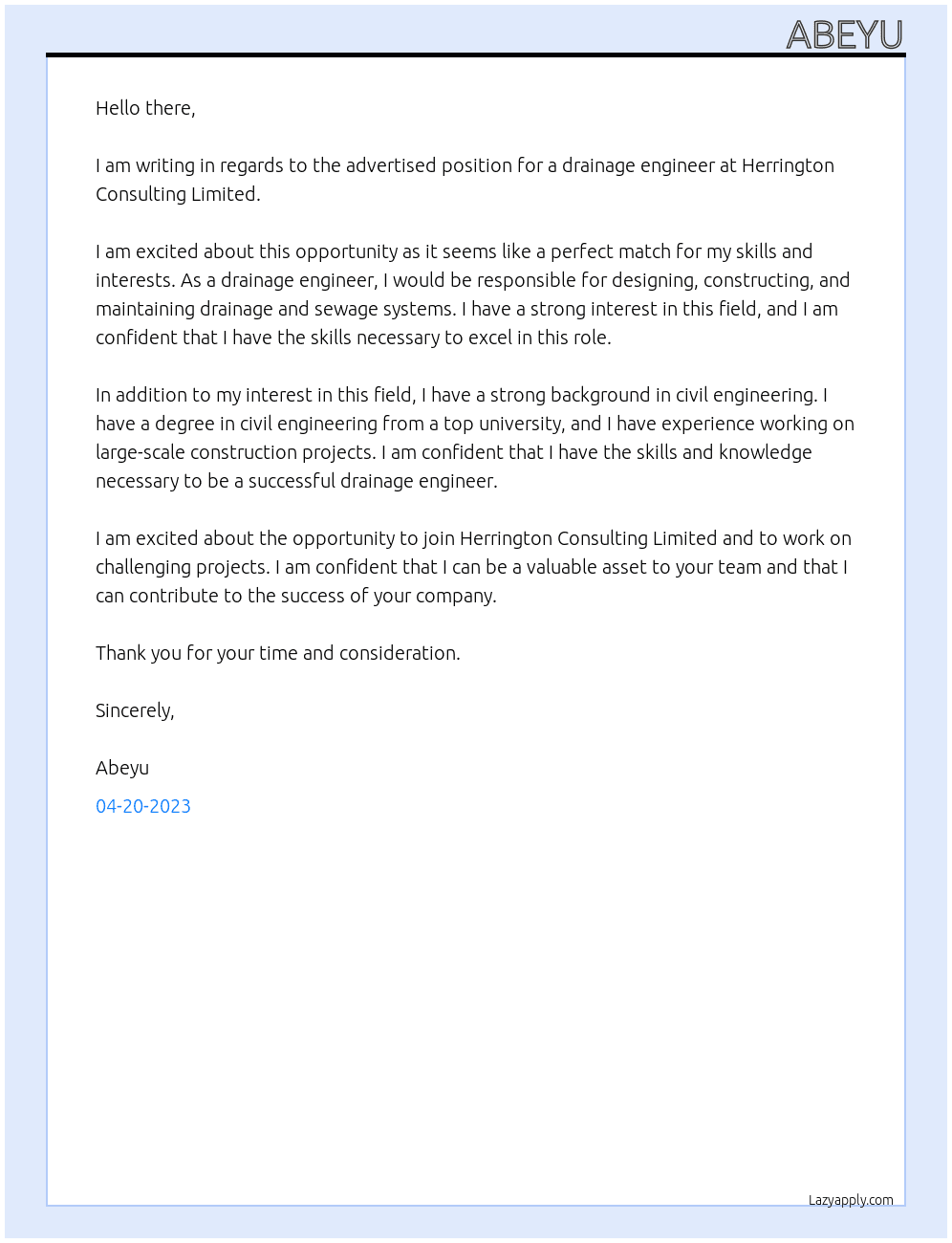 Drainage engineer  At Herrington consulting limited Cover Letter