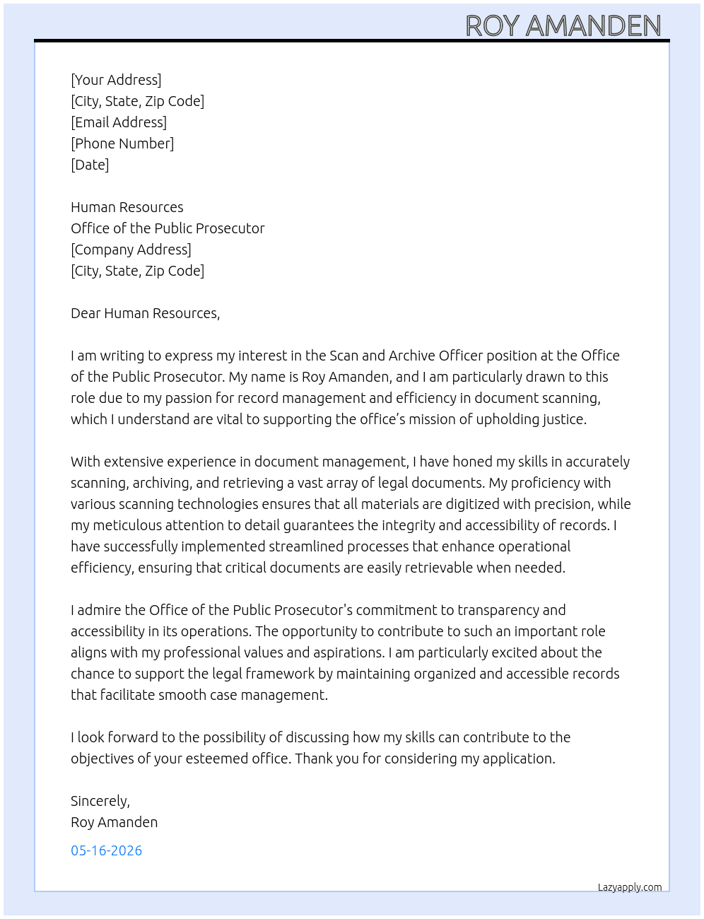Scan and Archive officer  At Office of the public prosecutor  Cover Letter