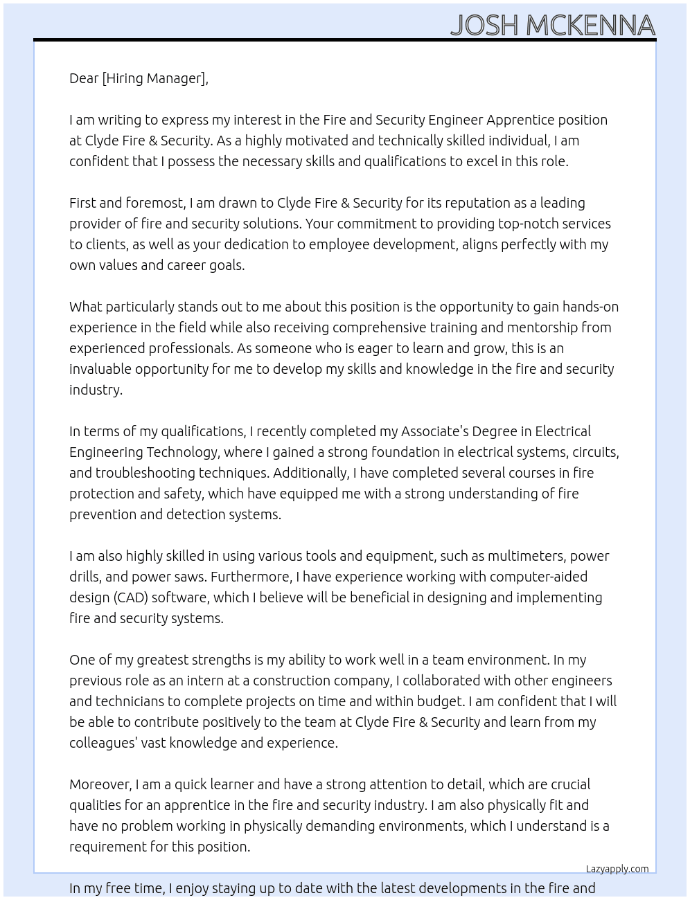 Fire and security engineer apprentice At Clyde Fire & Security Cover Letter
