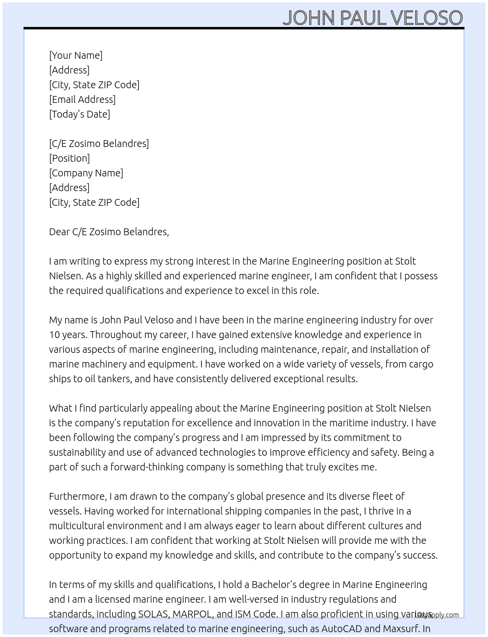 marine engineering At Stolt Nielsen Cover Letter