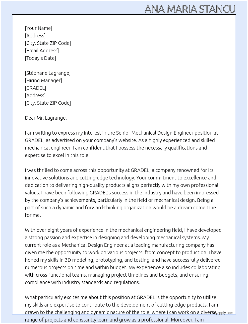 Senior Mechanical Design Engineer At GRADEL Cover Letter