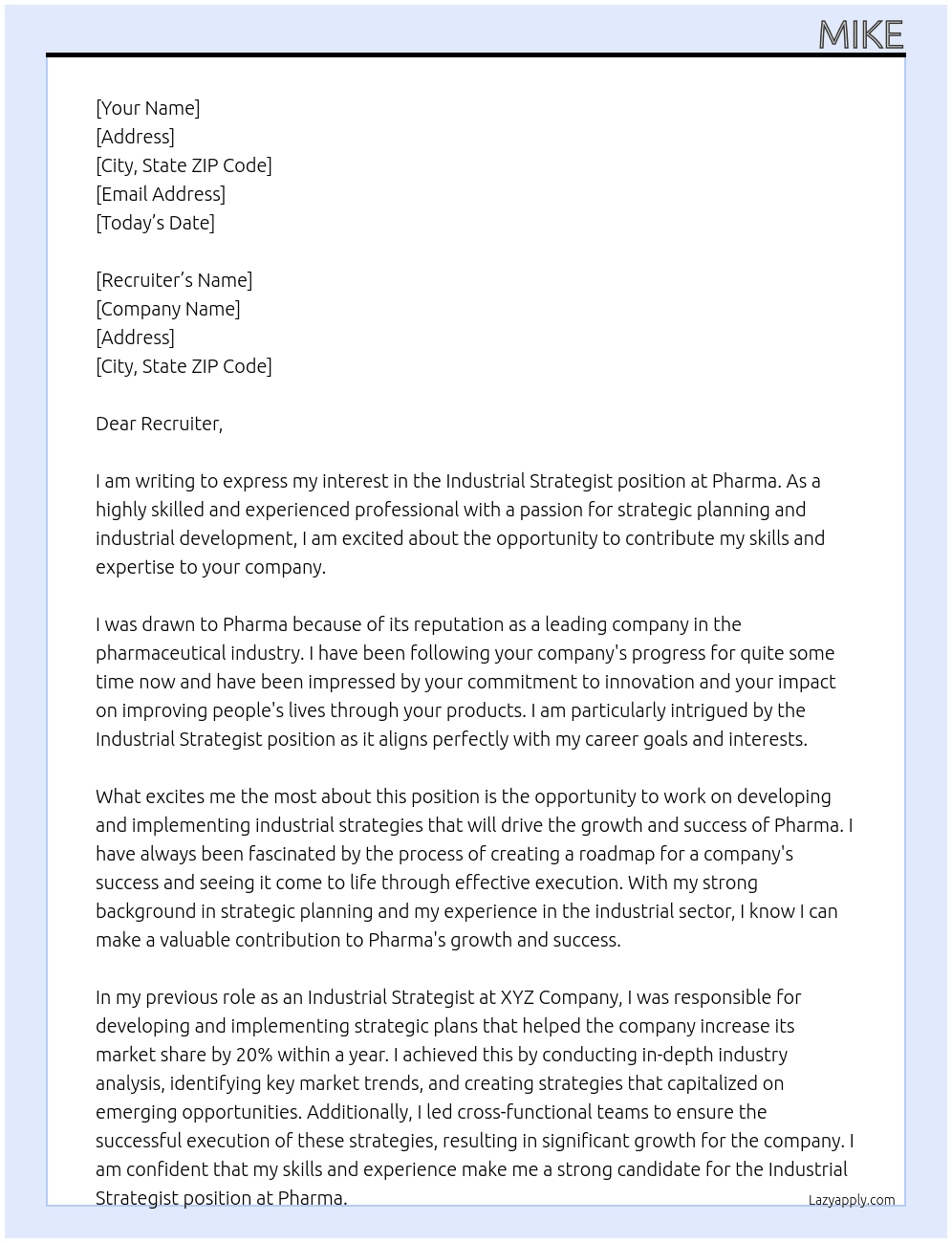 Industrial Strategist At Pharma Cover Letter