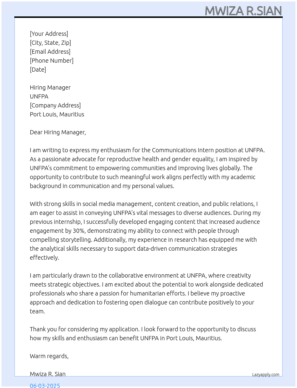 Communications Intern At UNFPA Cover Letter