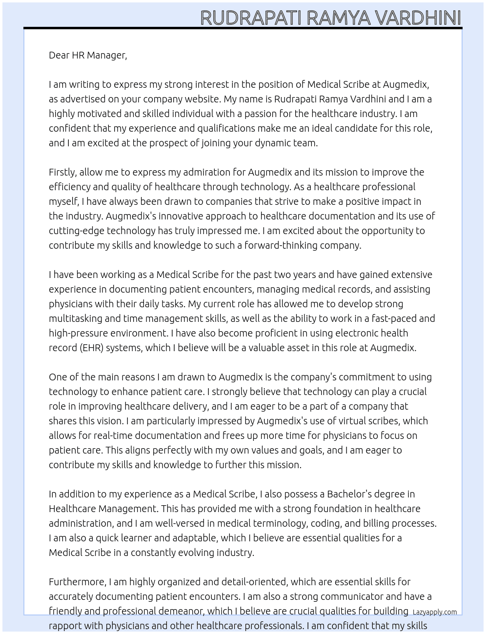 Medical Scribe At Augmedix Cover Letter