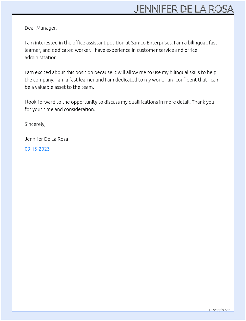 office assistant At Samco enterprices Cover Letter