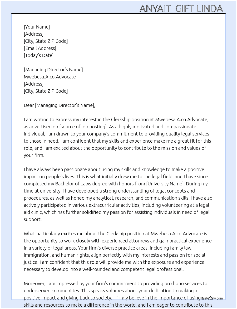 Clerkship At Mwebesa.A.co.Advocate Cover Letter