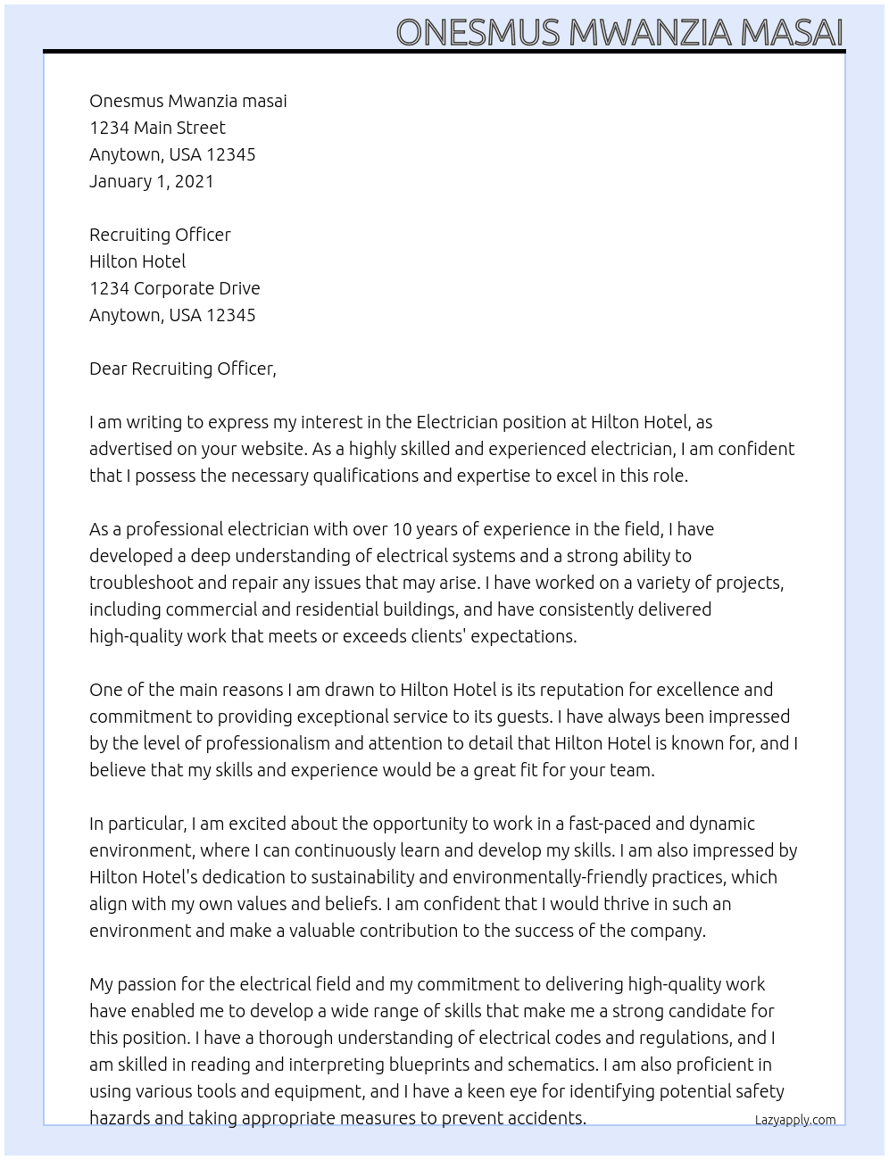 Electrician  At Hilton hotel  Cover Letter