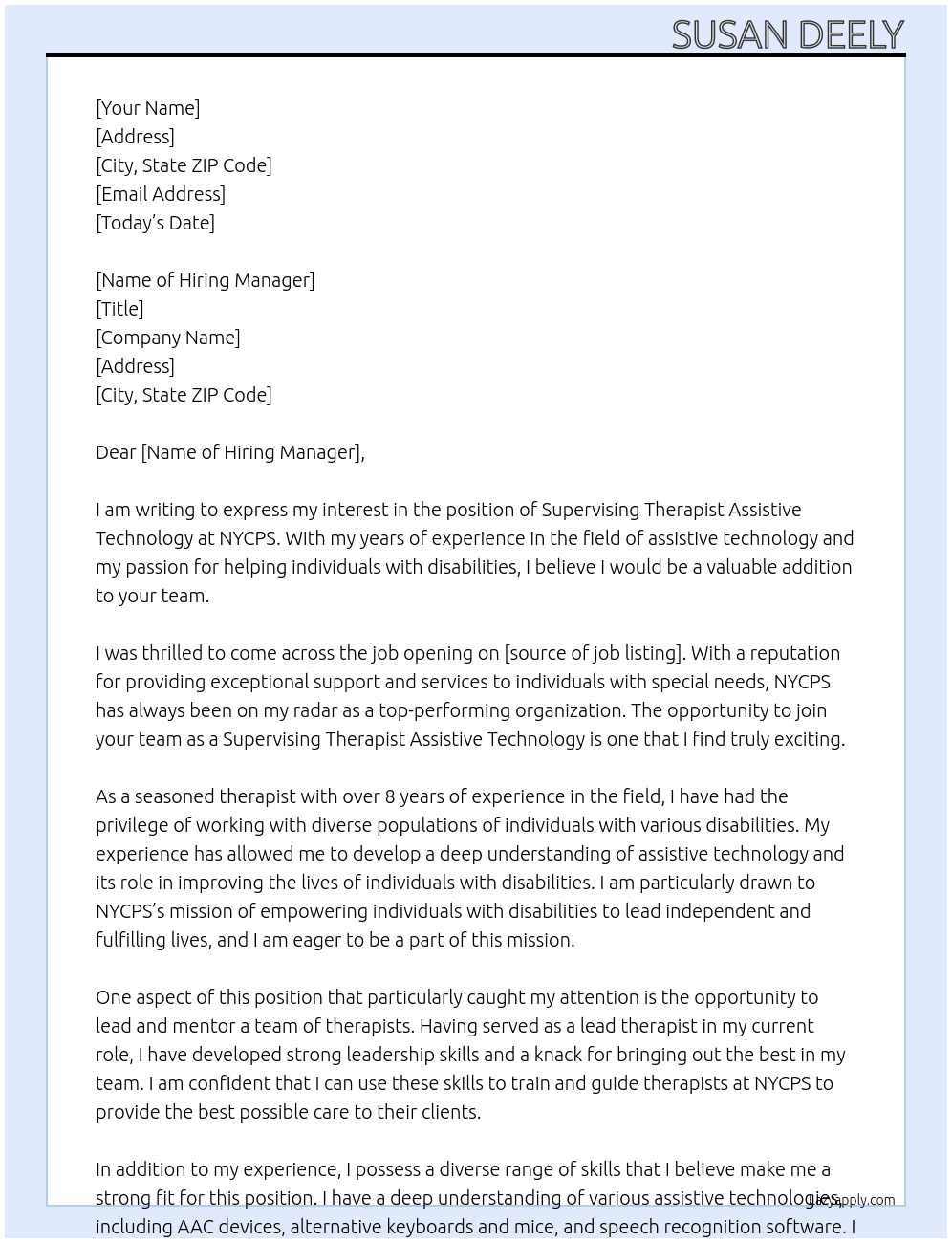 Supervising Therapist Assistive TEchnology At NYCPS Cover Letter