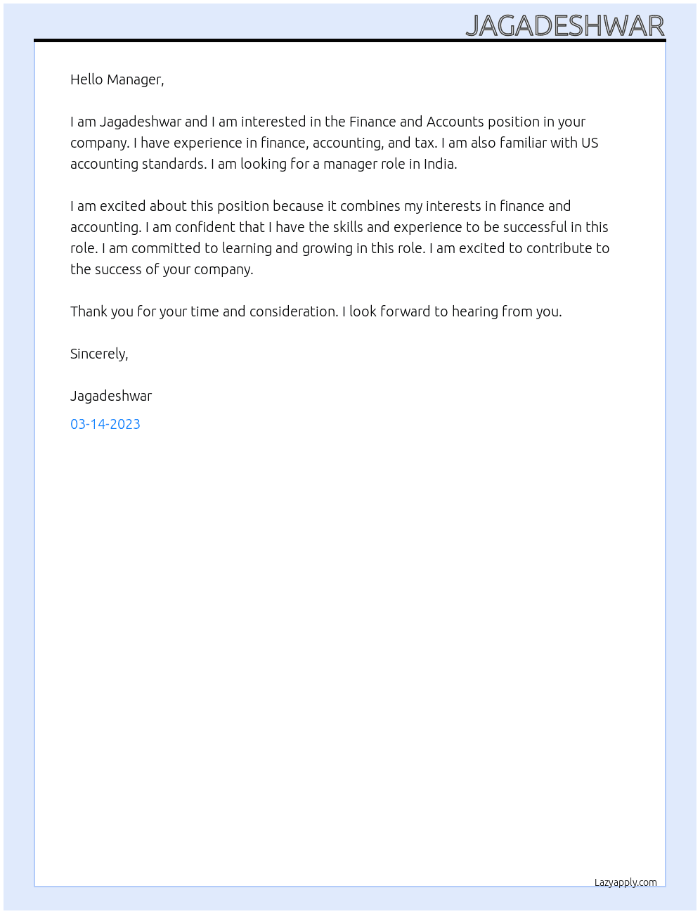 Finance and Accounts At IT companies Cover Letter
