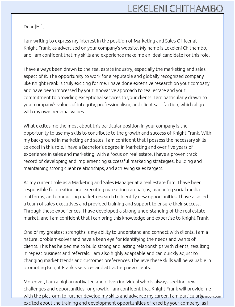Marketing and Sales officer  At Knight Frank  Cover Letter