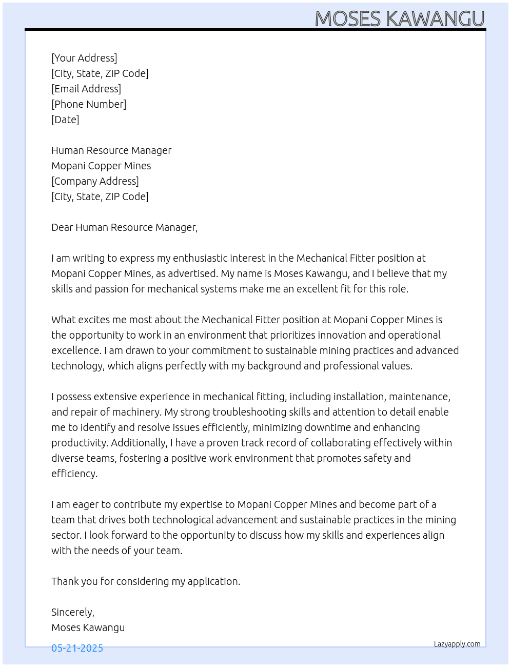 Mechanical fitter  At Mopani  copper mines Cover Letter