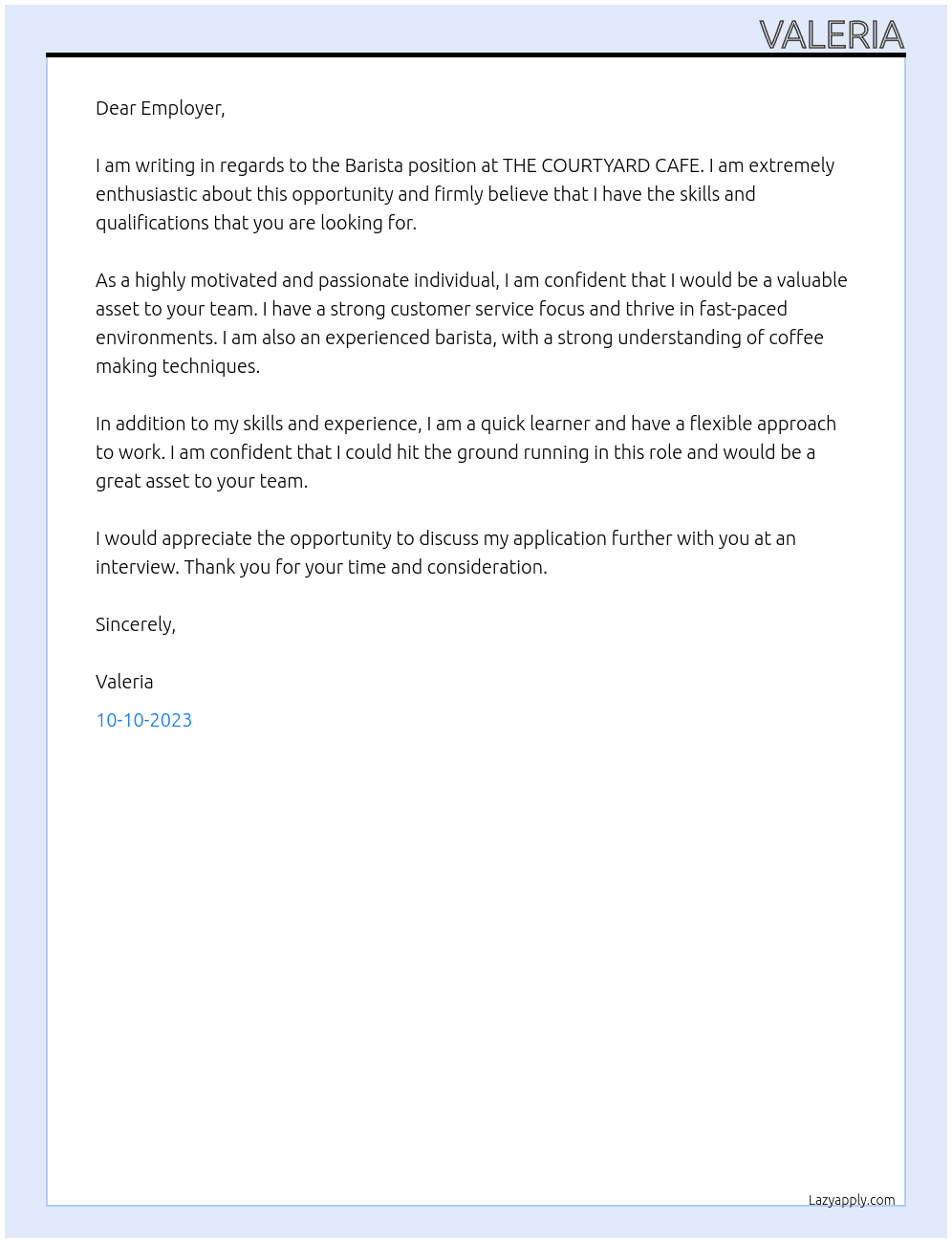 Barista At THE COURTYARD CAFE Cover Letter