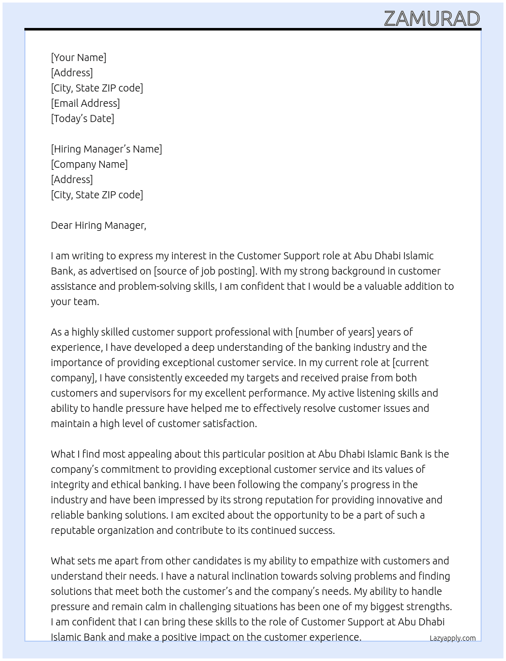 Customer Supports for Banking At Abu Dhabi Islamic Bank Cover Letter