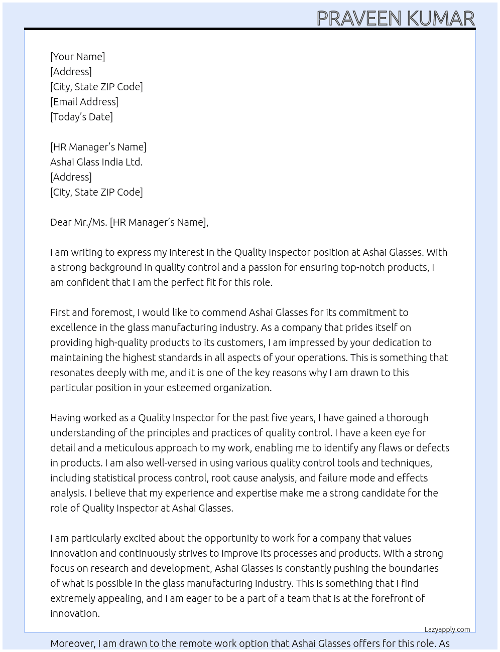 Quality inspector  At Ashai Glasses Cover Letter