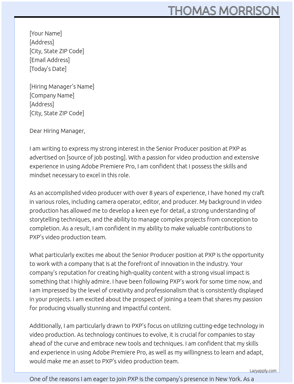 Senior Producer At PXP Cover Letter