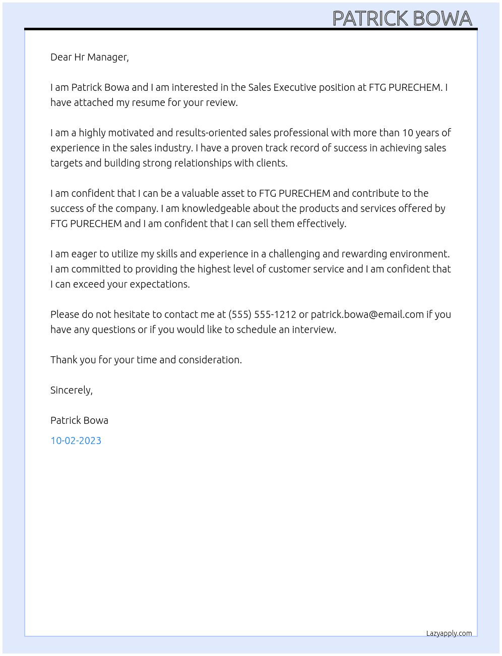 Sales Executive  At FTG PURECHEM Cover Letter